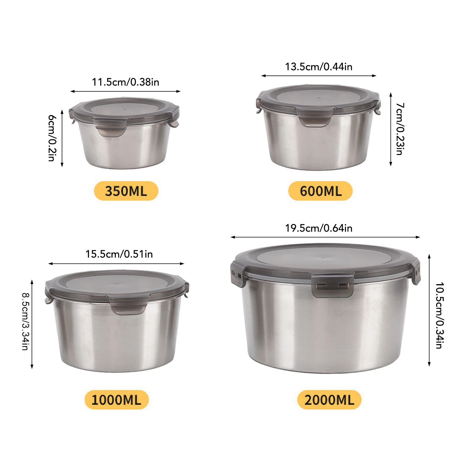 4-Piece Large Capacity Stainless Steel Food Storage Containers with Lids - Airtight, Portable Lunch Box for Work, School, Picnics & Meal Prep (Round Design)