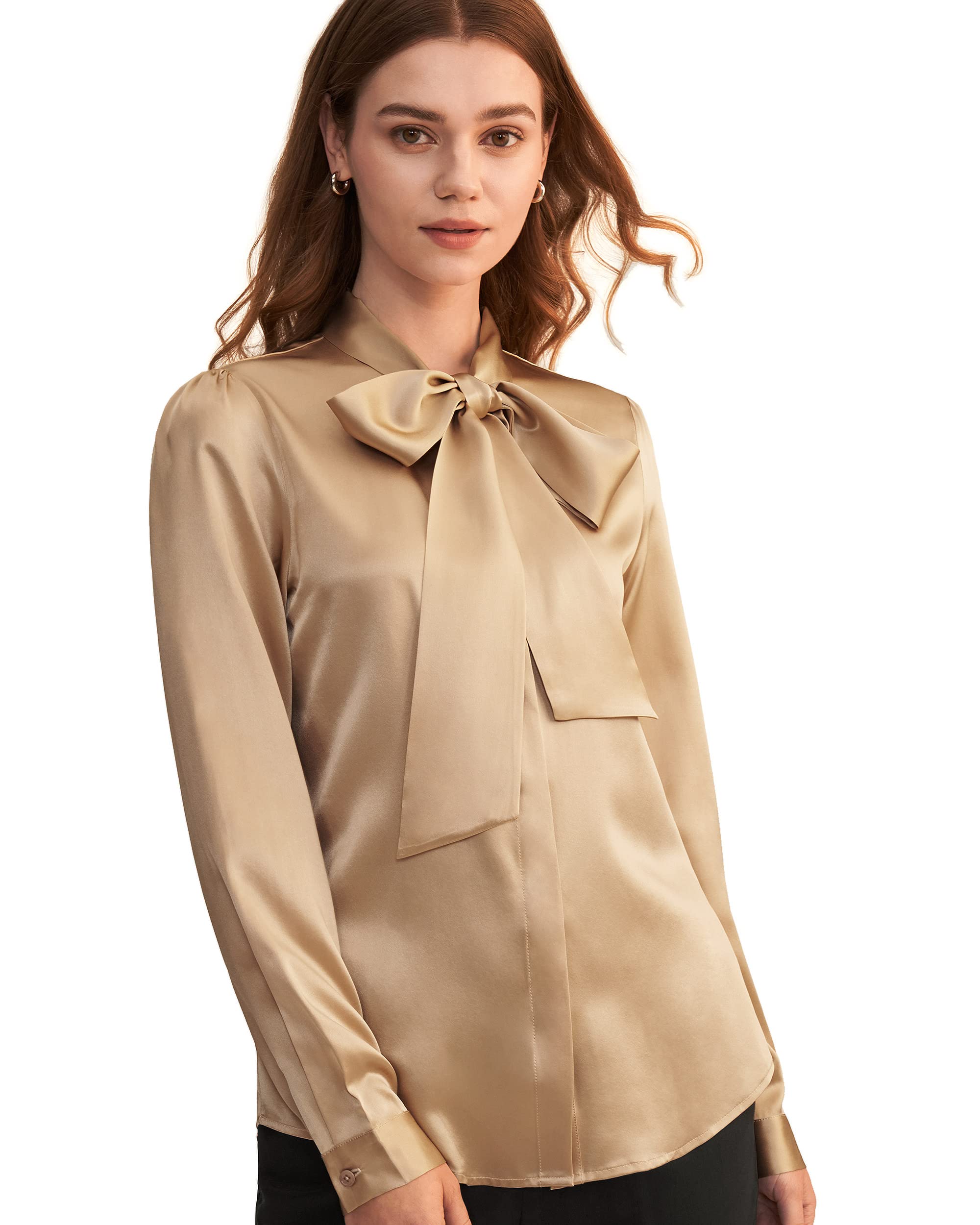 LilySilk Women's Vintage Bow Tie Neck Long Sleeve Silk Blouse - 100% Pure Silk Button Down Shirt for Office, Party & Special Occasions
