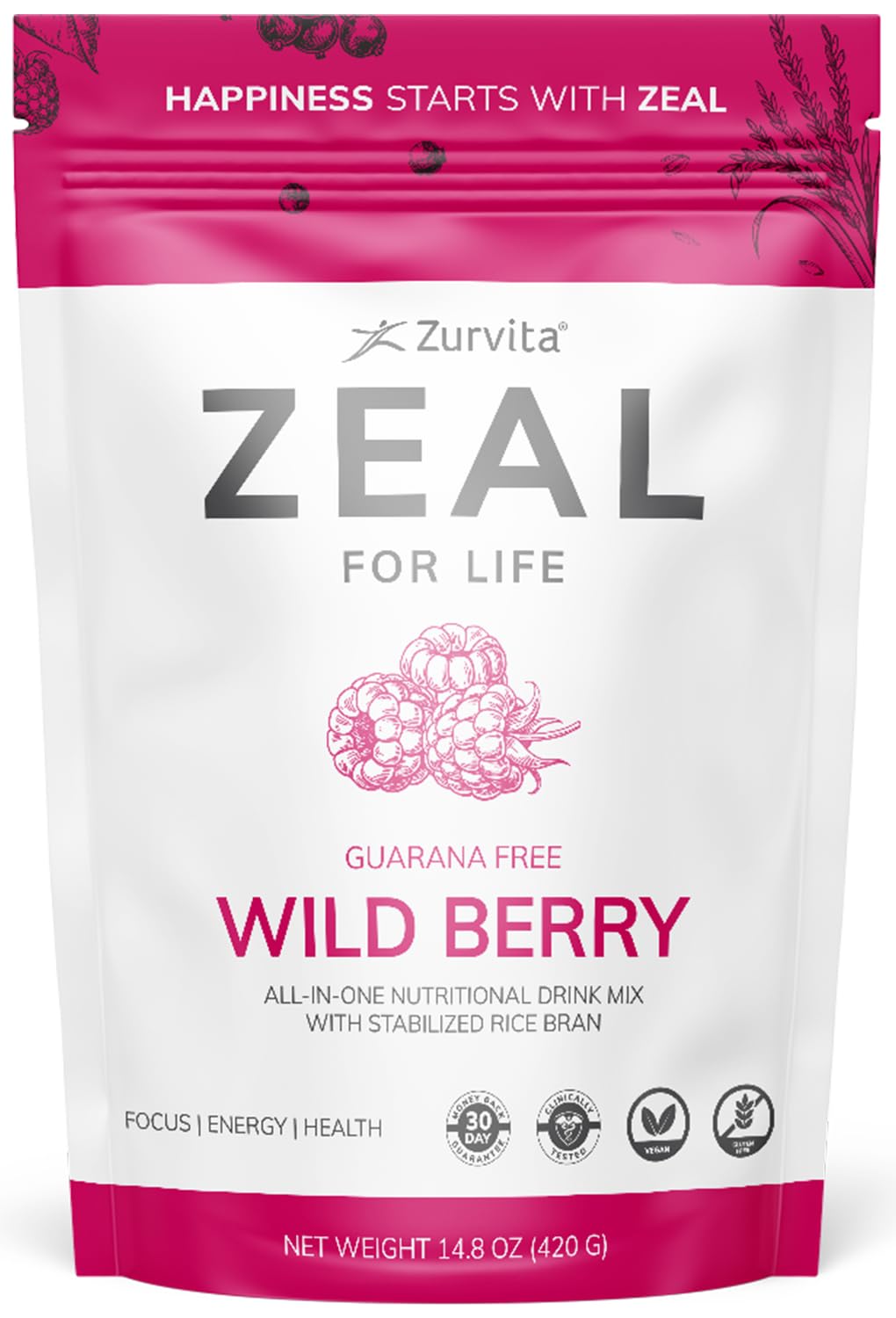 Zurvita Zeal for Life 30-Day Wellness Bag - Wild Berry Flavor (Guarana Free) - Nutritional Supplement for Energy, Immunity & Overall Wellness - 420g - Boost Vitality for Workouts, Daily Activities & Healthy Lifestyle