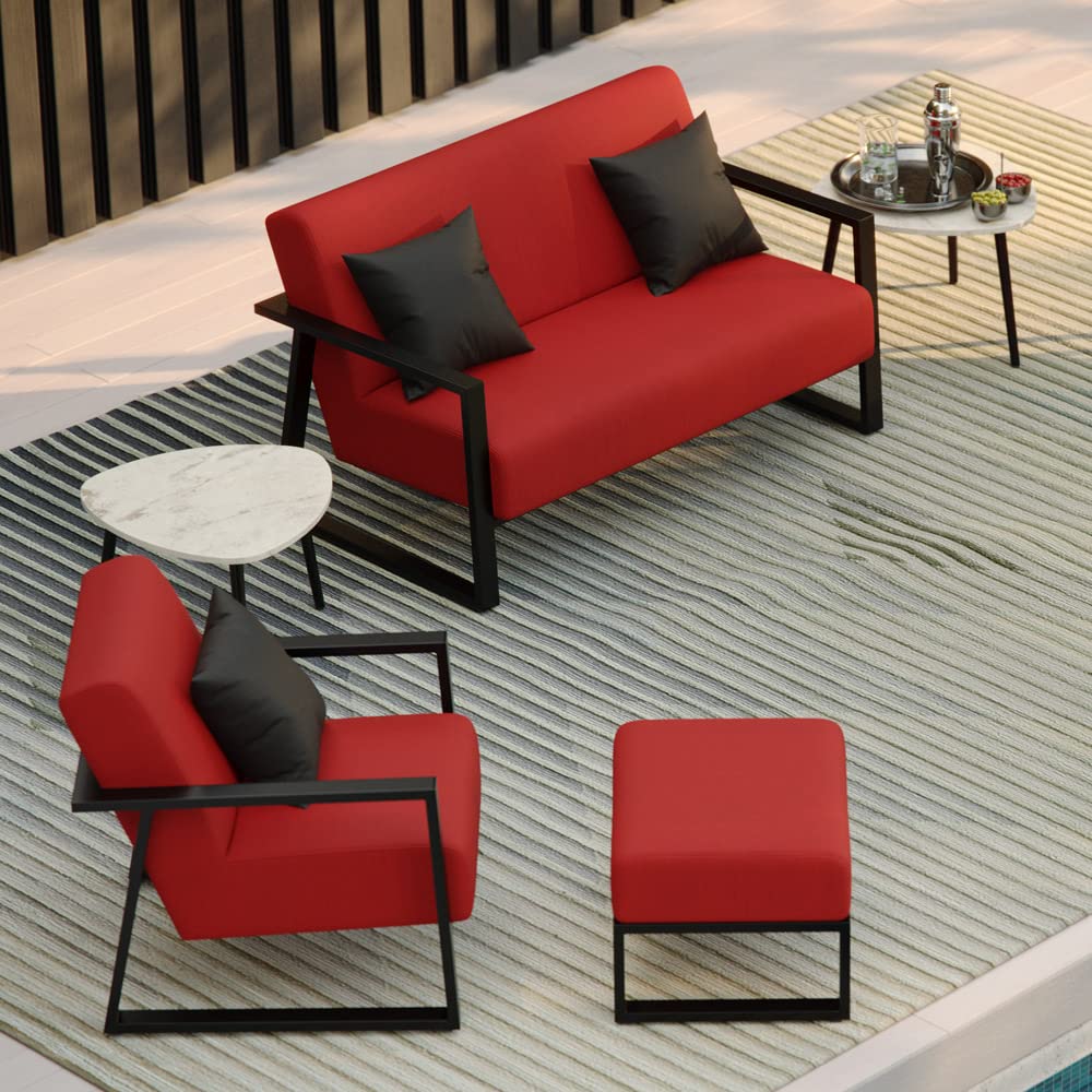 ZURI Modern Elba Outdoor Ottoman with Quick-Dry Cushions & Powder-Coated Aluminum Frame - Waterproof Patio Furniture for Poolside, Garden & Deck - Black/Red