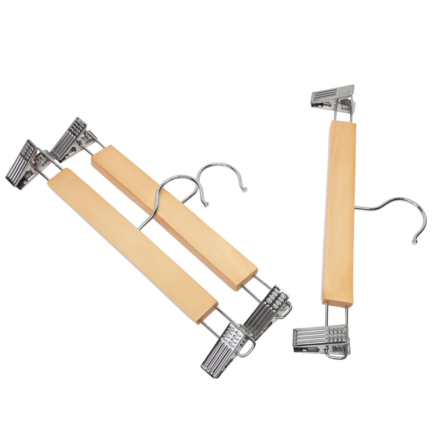 10-Pack Natural Wooden Pant & Skirt Hangers with 2 Adjustable Rust-Resistant Clips - Space-Saving Closet Organizer for Pants, Skirts & Dresses