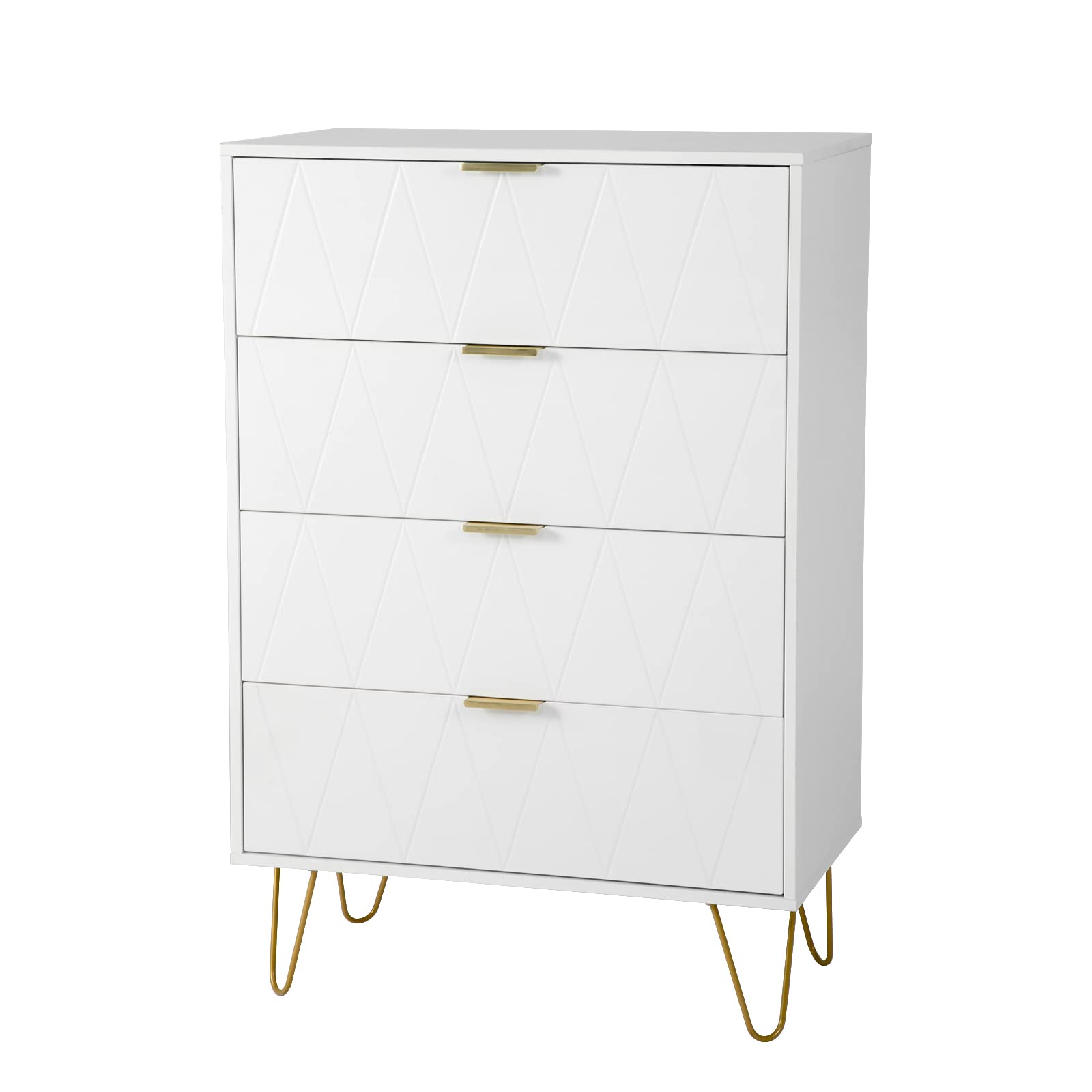 Modern 4-Drawer Wooden Storage Dresser Cabinet - White Large Accent Chest with Sturdy Metal Legs for Bedroom, Living Room & Office Organization