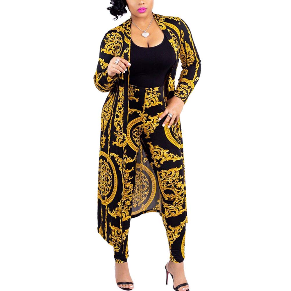 Women's Stylish Printed Long Cardigan 2-Piece Outfit Set with Long Sleeve Coat & Trousers | Elegant Fall/Winter Fashion for Work, Office & Casual Outings