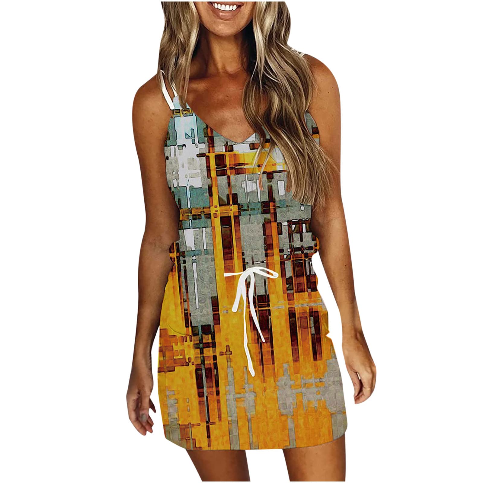 Women's Summer Beach Dress - Sleeveless Spaghetti Strap V-Neck Sundress | Casual Mini Tank Dress for Vacation, Pool Party & Outdoor Activities