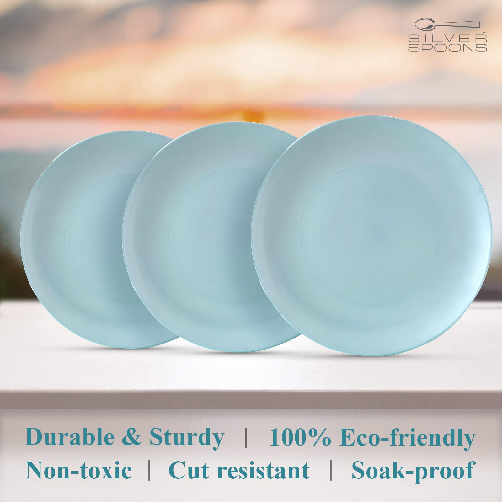 Premium Silver Spoons Disposable Dinnerware Plates - 40 Pack Reusable Plastic Salad Plates in Elegant Opulence Mint - 9 Inch for Parties, Picnics & Catering Events