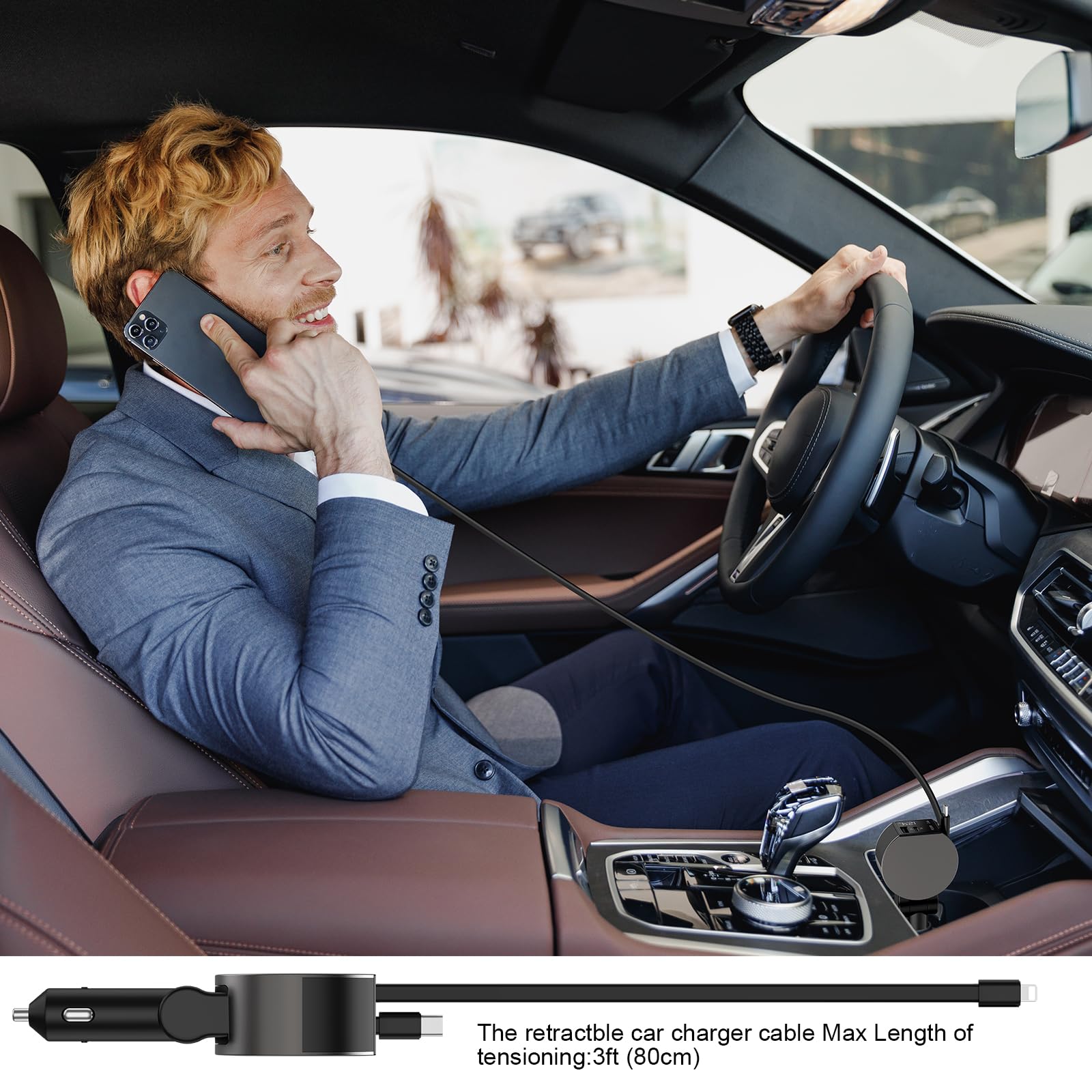 Leinsis 65W 4-in-1 Retractable Car Charger with USB-C & Lightning Ports - Fast Charging for iPhone 16/15/14/13/12/11, Galaxy, Pixel - Perfect for Road Trips & Daily Commutes