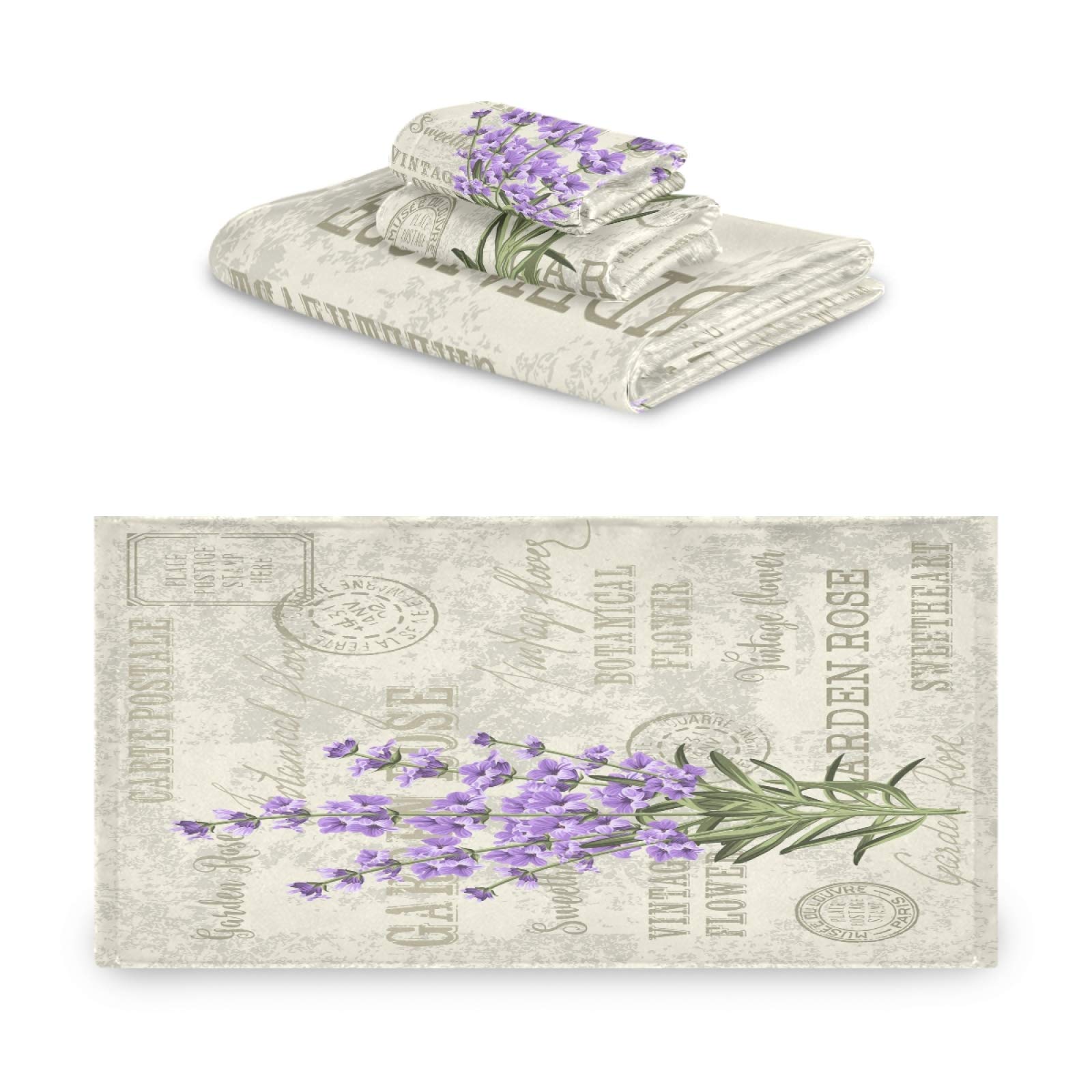 Retro Lavender Flower Bath Towel Set - 3 Piece Soft Highly Absorbent Towels for Bathroom, Gym, Hotel & Spa | Includes Hand Towel, Bath Towel & Washcloth | Perfect for Home, Travel & Luxury Self-Care