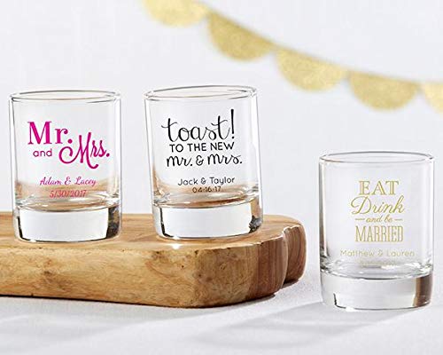 Kate Aspen Personalized 2 oz. Shot Glass & Votive Holder Set - 144pcs Gold Drinking Glasses for Wedding Favors, Bridal Shower Party Decor - Custom Text Engraving - Perfect for Cocktail Parties, DIY Wedding Centerpieces & Home Bar Decor