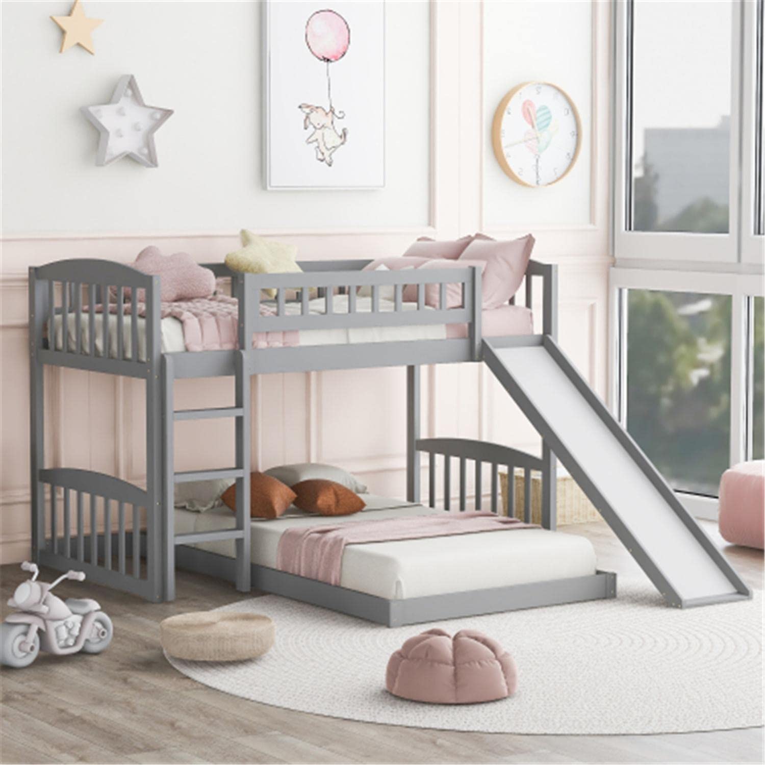 Gray Twin Over Twin Bunk Bed Frame with Slide & Ladder - Sturdy Safety Guardrail for Kids & Teens - No Box Spring Needed - Perfect for Small Bedrooms, Shared Kids' Rooms & Vacation Homes
