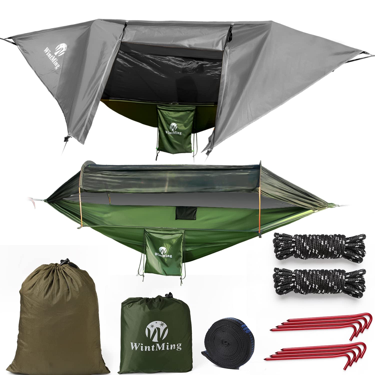 Portable Lightweight 230T Nylon Camping Hammock with Removable Mosquito Net & Rain Fly Cover - Outdoor Hiking Backpacking Travel Gear for Camping, Beach, Backyard (Grey)