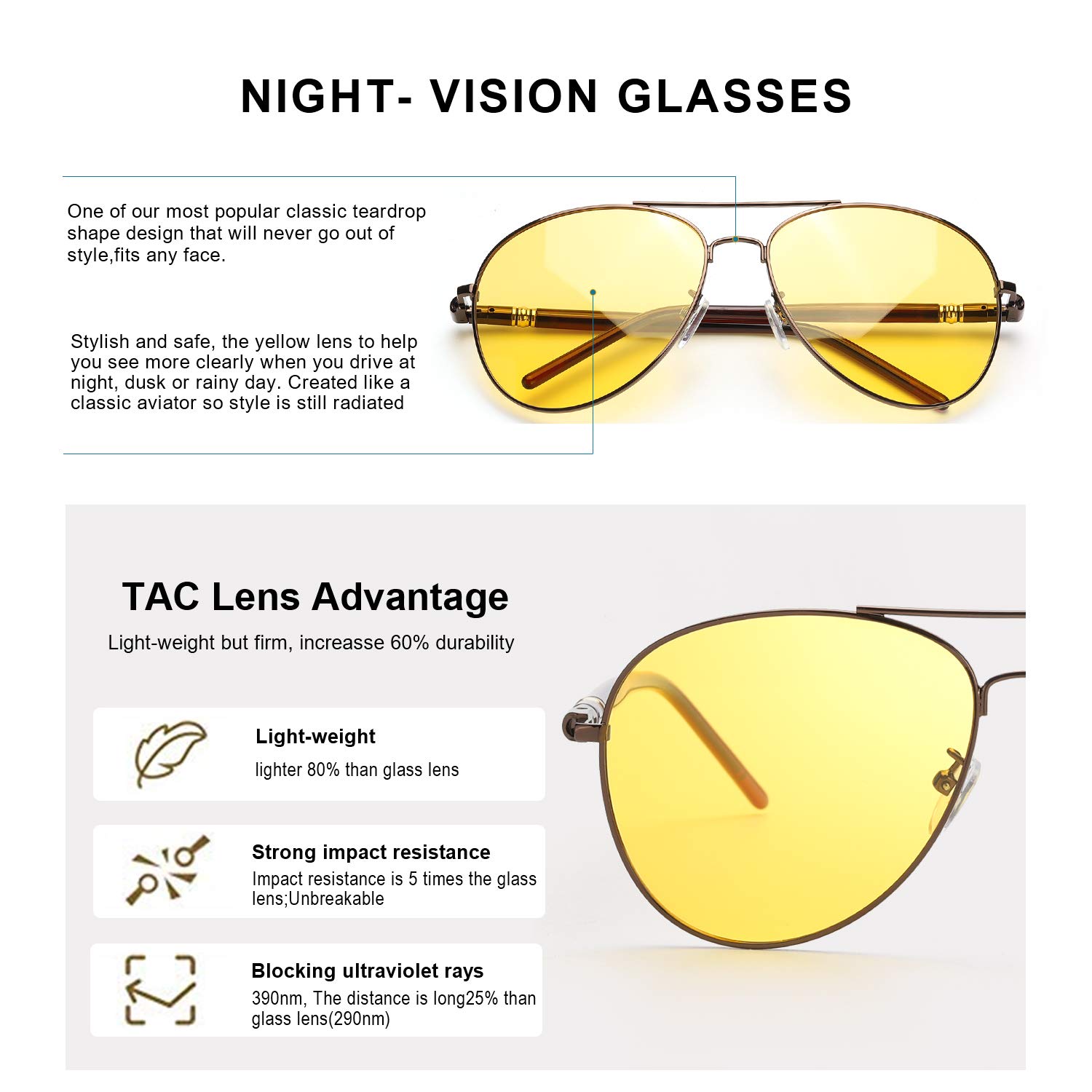 Night Vision Glasses for Women & Men - Anti Glare Polarized Yellow Lens for Night Driving - Improve Visibility & Reduce Eye Strain - Perfect for Nighttime Commuting, Road Trips & Low Light Conditions