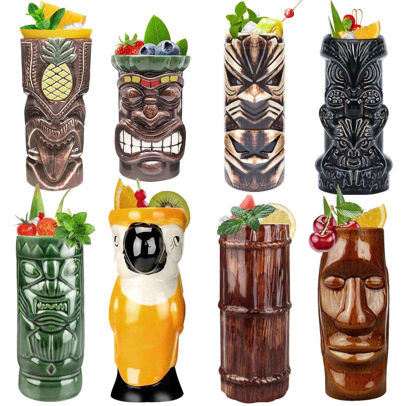 LINALL Tiki Mugs Cocktail Set of 8 - Ceramic Hawaiian Party Cups for Exotic Drinks, Tropical Themed Barware - Perfect for Luau, Beach Parties & Home Decor (8pcs)