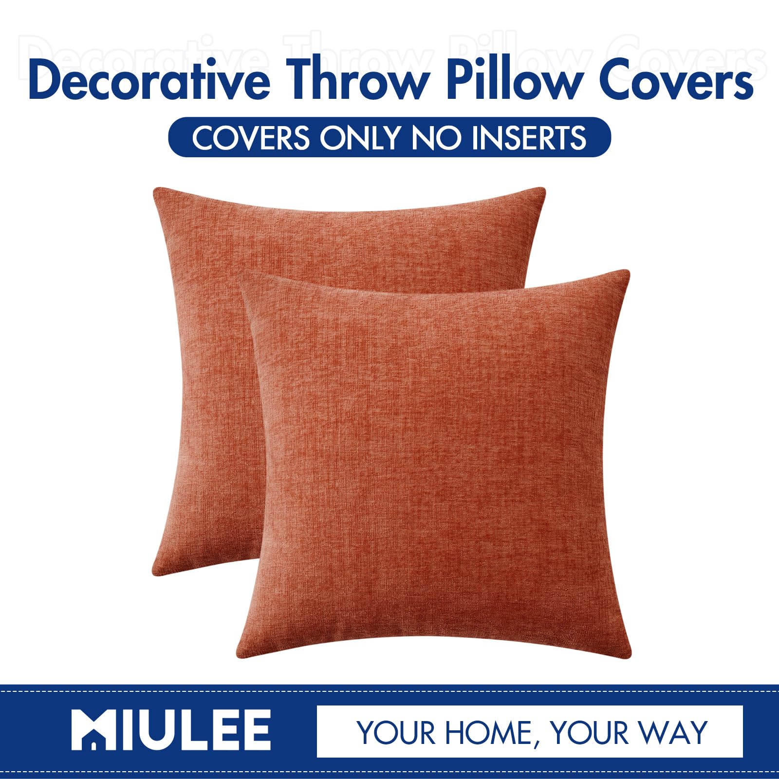 MIULEE 2-Pack 18x18 Inch Soft Burnt Orange Chenille Throw Pillow Covers for Couch, Sofa & Living Room - Solid Dyed Decorative Pillow Cases - Perfect for Home Decor, Cozy Accents & Seasonal Styling
