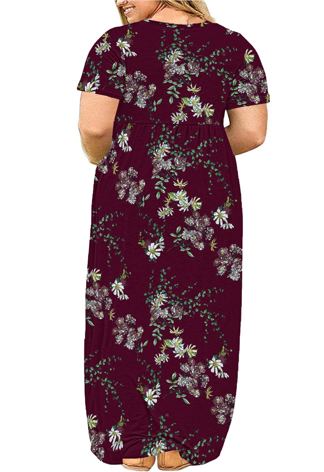 **Plus Size Floral Maxi Dress for Women - 3X Beach Sun Dress with Pockets in Wine Red | Perfect for Summer Vacations, Outdoor Weddings & Casual Outings**