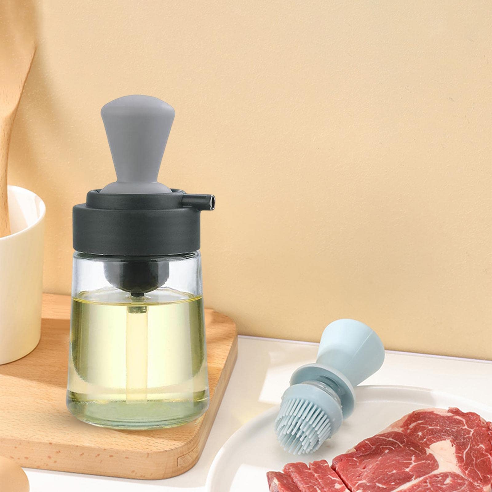 Premium Glass Olive Oil Bottle with Silicone Brush - 2-in-1 Oil Dispenser for Cooking, Frying, Baking & BBQ - Perfect for Kitchen, Air Fryer & Pancake Making (Grey)