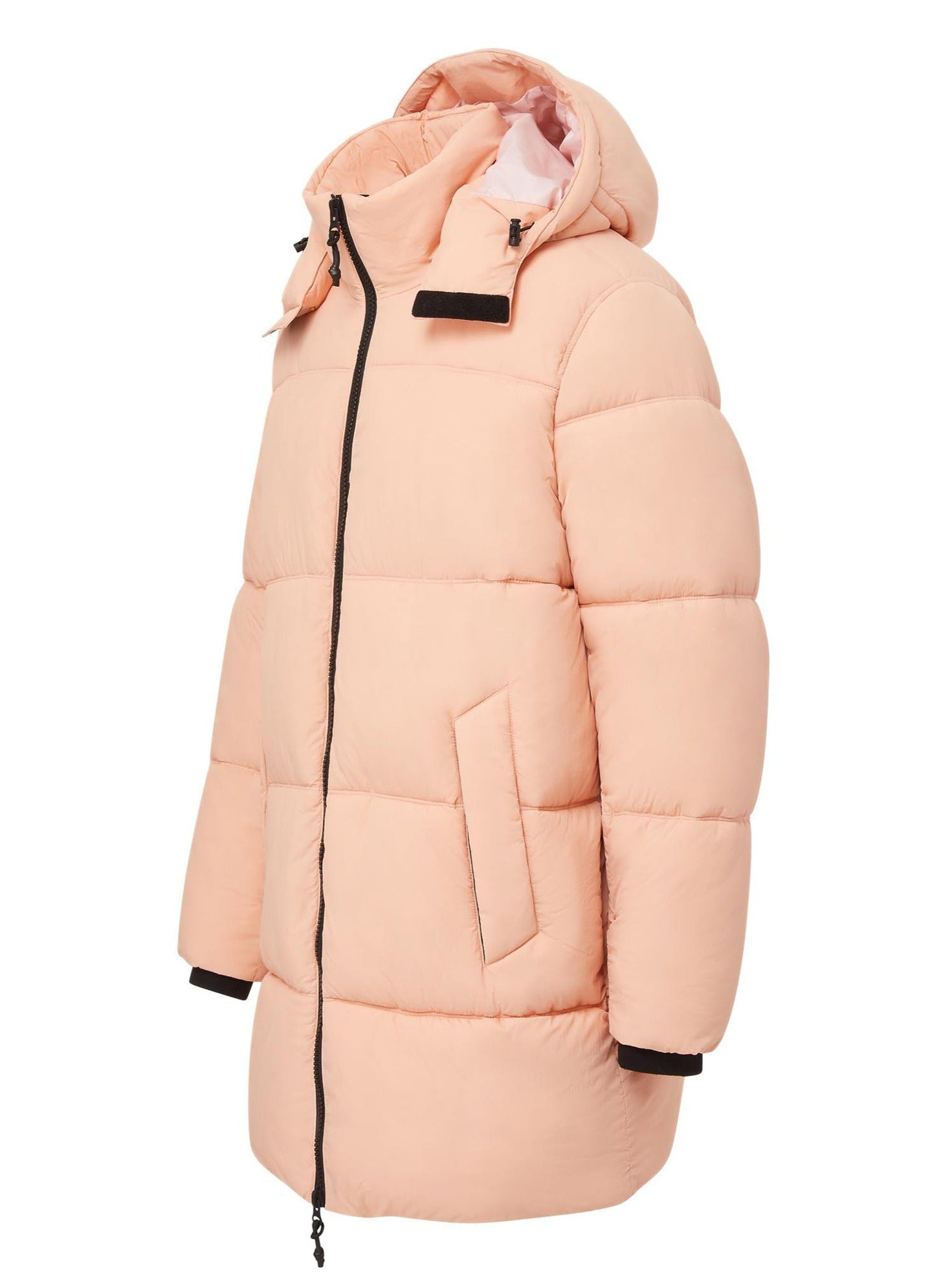 Women's Long Hooded Puffer Jacket - Coral Pink Winter Coat for Cold Weather, Windproof & Warm, Fashionable Outerwear for Daily Wear, Outdoor Activities & Travel
