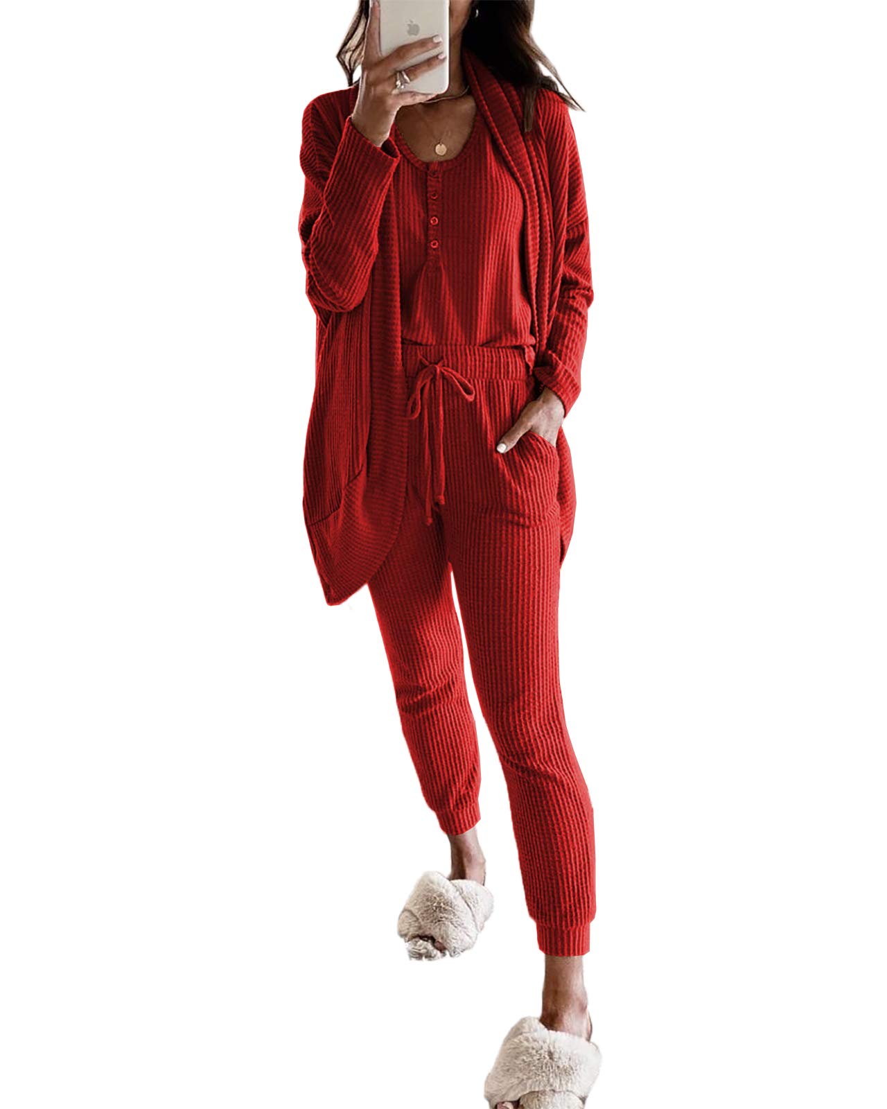 Women's 3-Piece Lounge Pajama Set - Soft Waffle Knit Cami Tank Top, Pants & Robe - Cozy Loungewear for Sleep, Relaxation & Home Comfort (Perfect for Lounging, Yoga & Spa Days)