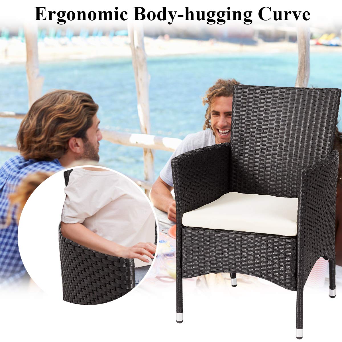 2PCS Modern Patio Rattan Chairs Set with Removable Cushions - Outdoor Wicker Armchairs for Garden, Balcony, Poolside - Durable Black Rattan Furniture for Relaxing & Entertaining