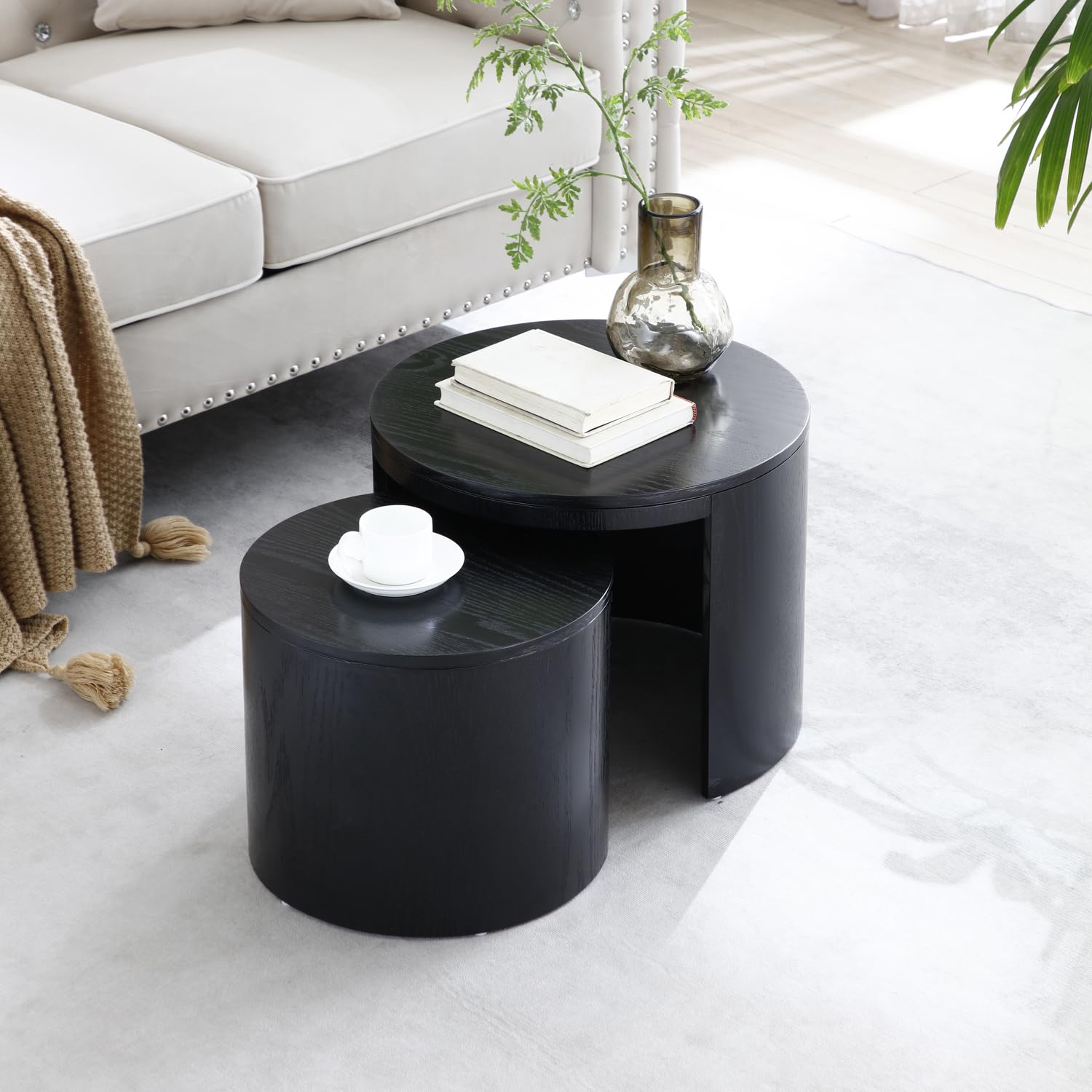 Modern Round Nesting Coffee Table Set of 2 - Wooden Drum Side Tables with Non-Slip Feet for Small Spaces | Perfect for Living Room, Bedroom, Balcony & Office Decor | Black Accent Tables