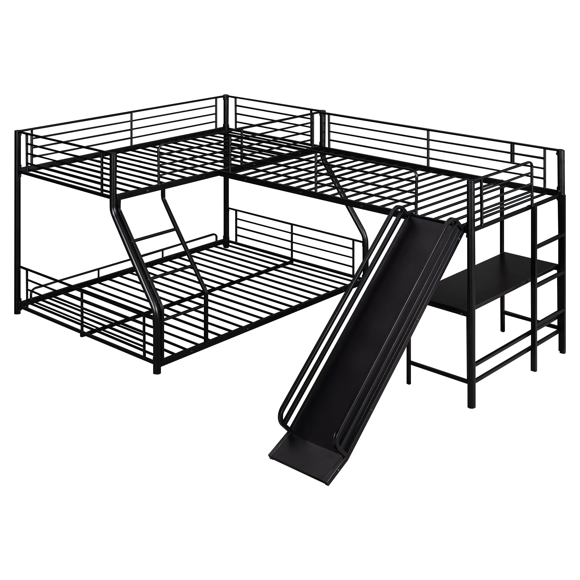 SOFTSEA Twin Over Full L-Shaped Bunk Bed with Twin Loft Bed - Heavy Duty Triple Metal Bunk Bed Frame with Built-in Desk & Slide - Space-Saving 3-Person Bunk Bed in Black - Perfect for Kids' Bedrooms, Dorm Rooms & Small Spaces