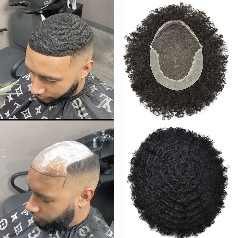 100% Human Hair Afro Toupee for Black Men - Kinky Curly Man Weave Hair System - African American Hairpiece (AFRO-Q6 8