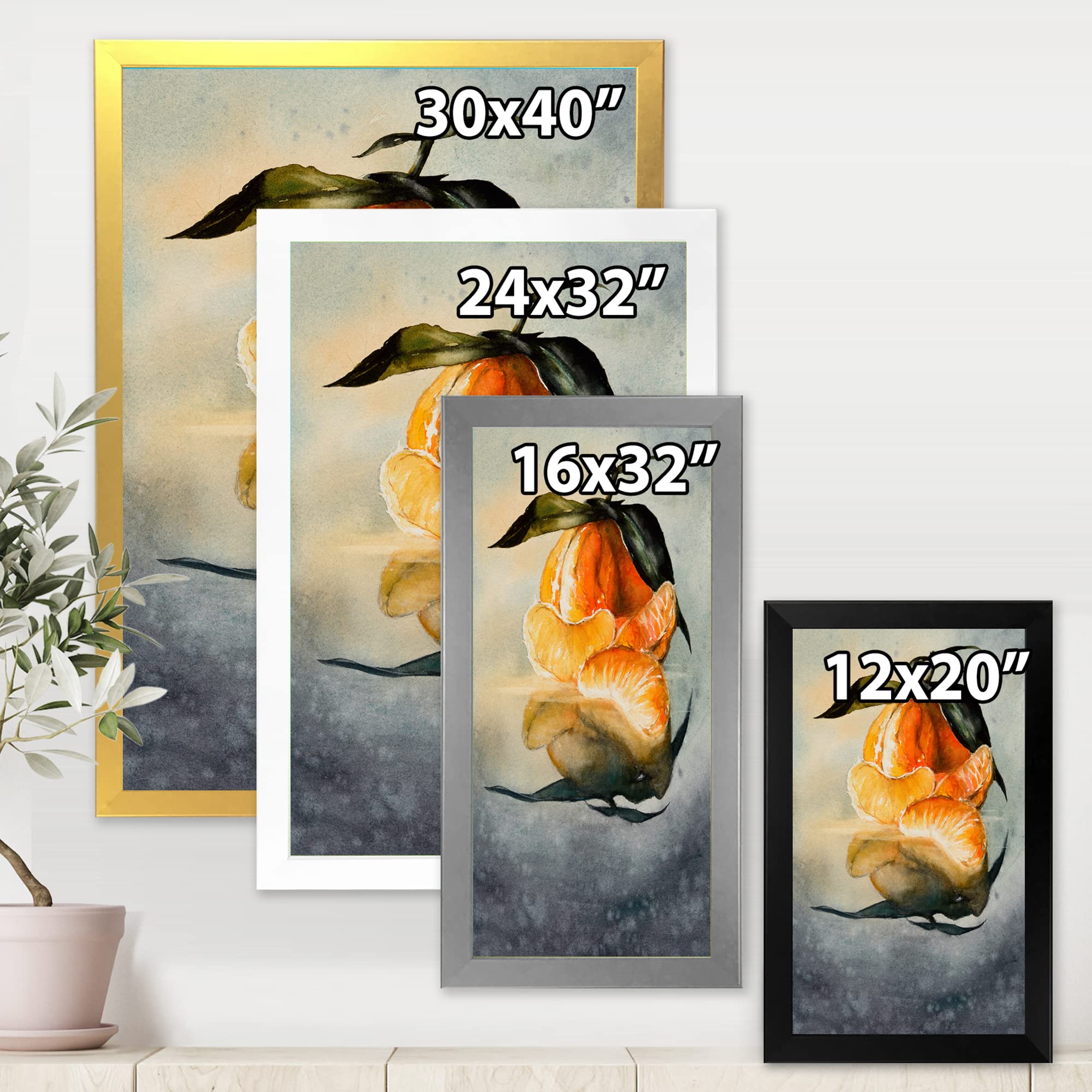 Peeled Fresh Orange Mandarin with Green Leaves - Traditional Framed Wall Art Decor for Kitchen, Dining Room & Farmhouse Style Homes