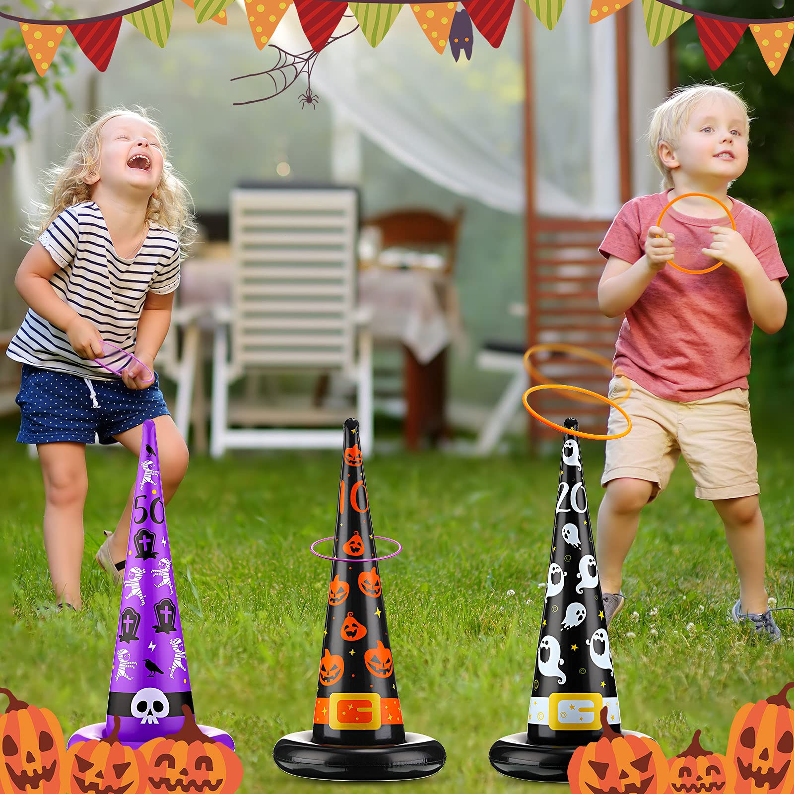 Halloween Toss Game Set with Witch Hat & Pumpkin Rings - Outdoor Party Games