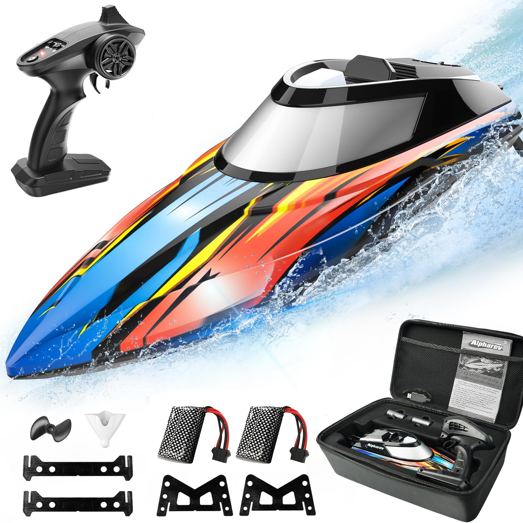 ALPHAREV R308 High-Speed RC Boat - 32+ KPH Fast Remote Control Racing Boat for Pools, Lakes & Outdoor Water Play, 2.4GHz Wireless Control for Adults & Kids, Portable Suitcase Design - Perfect Summer Water Toy Gift for Boys, Girls & Family Fun