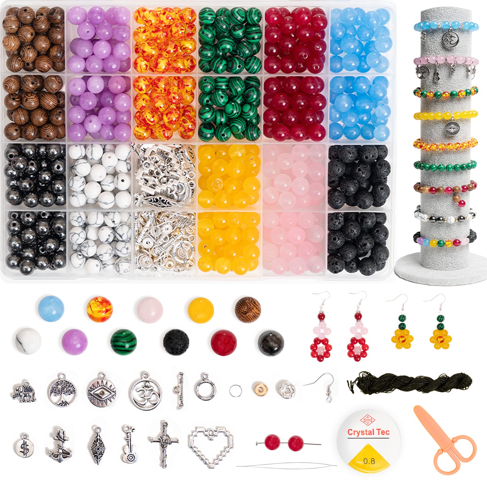 440Pcs 8mm Natural Gemstone Beads Kit for DIY Jewelry Making - Round Crystal Beads with Spacer Beads & Charms for Bracelets & Necklaces - Perfect for Crafting, Gifts & Boho Style Accessories