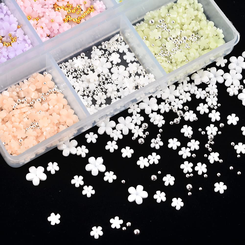 3D Flower Nail Charms & Metal Caviar Beads Set - Gold Silver Acrylic Resin Nail Art Decorations with Pickup Pencil for DIY Nail Design | Perfect for Manicures, Nail Salons & Home Nail Art Projects