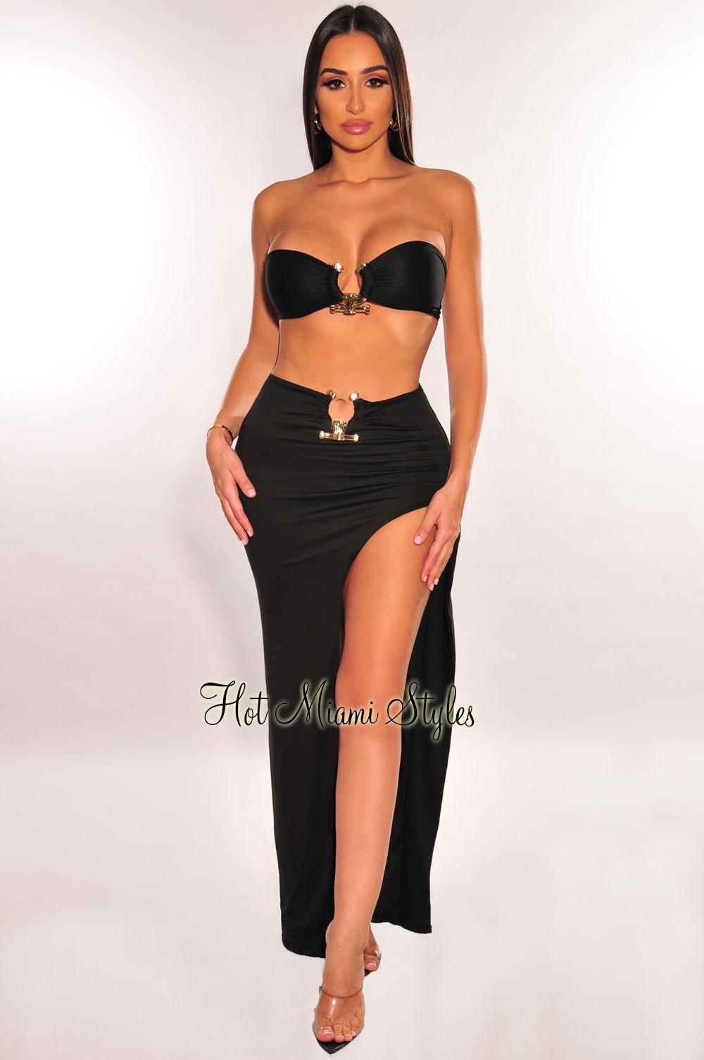 Sexy Black Strapless Tie-Up Gold Ring Slit Skirt Two-Piece Set for Women - Clubwear, Party Outfit, Date Night Dress, Fashionable Evening Attire