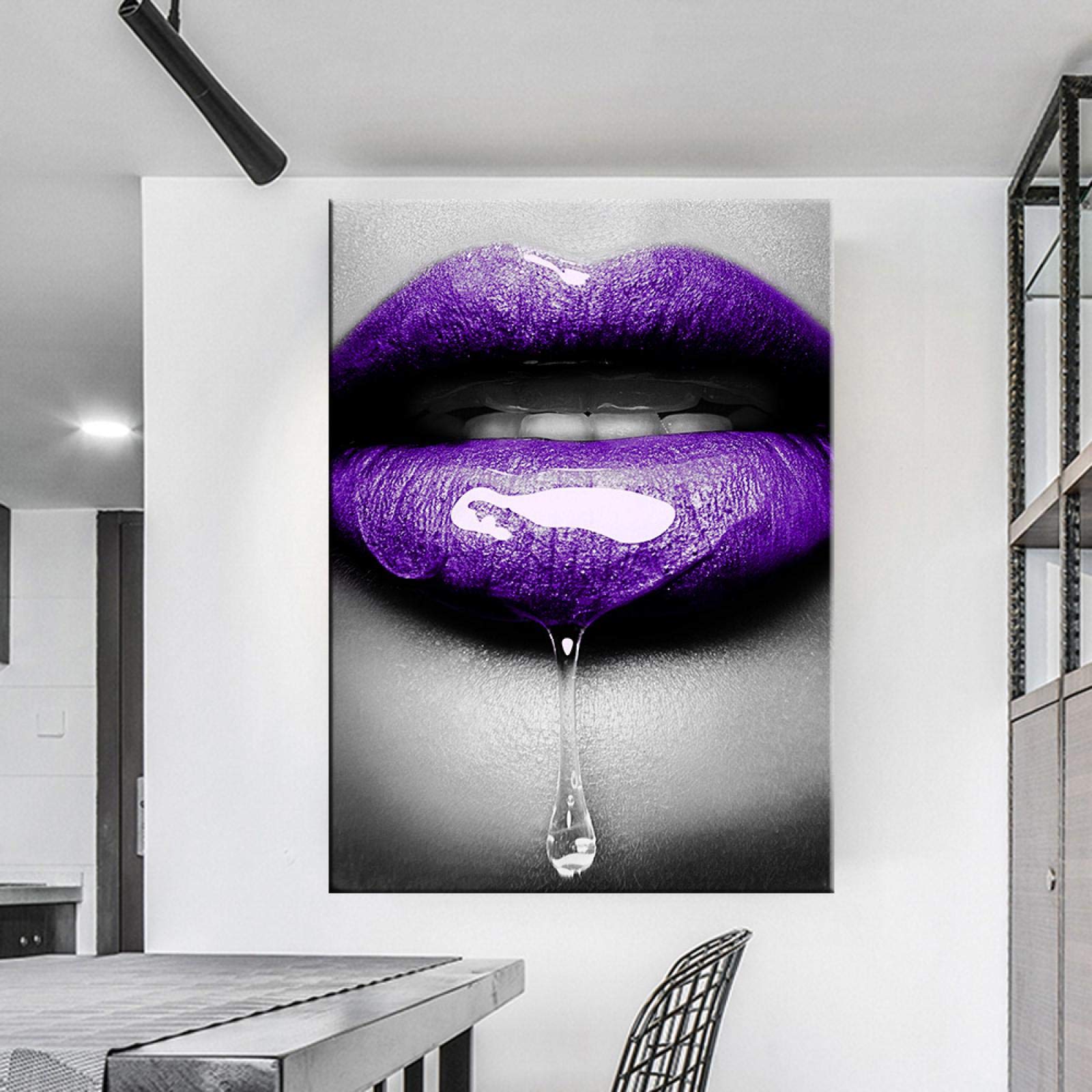 Rumlly Canvas Wall Art - 50x70cm Purple Lips Nordic Print Painting, Sexy Home Decor Poster for Bedroom & Living Room | Modern Frameless Wall Artwork for Apartment, Office & Dorm Decor
