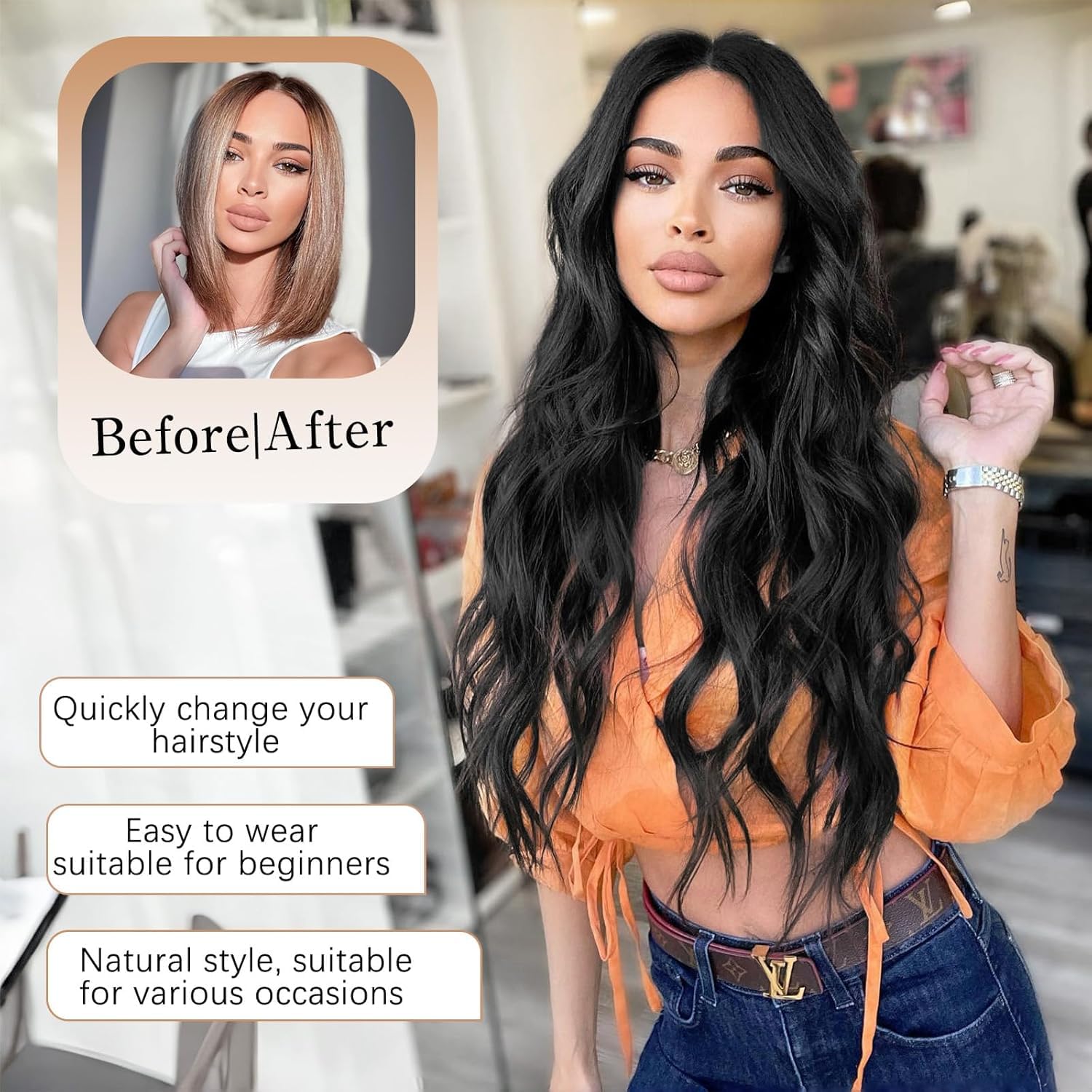 PORSMEER 26 Inch Long Black Wavy Wig for Women - Heat Resistant Synthetic Lace Front Wig with Middle Part, Natural Looking Curly Hair for Daily Wear & Party | Perfect for Cosplay, Halloween & Special Occasions