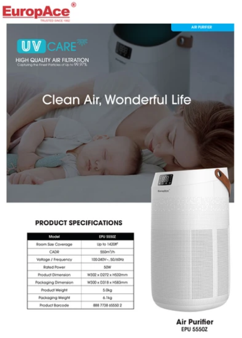 Europace EPU 5550Z Smart WiFi Air Purifier with HEPA Filter - Remove Dust, Pollen & Odors for Home, Office & Bedroom (EPU5550Z)