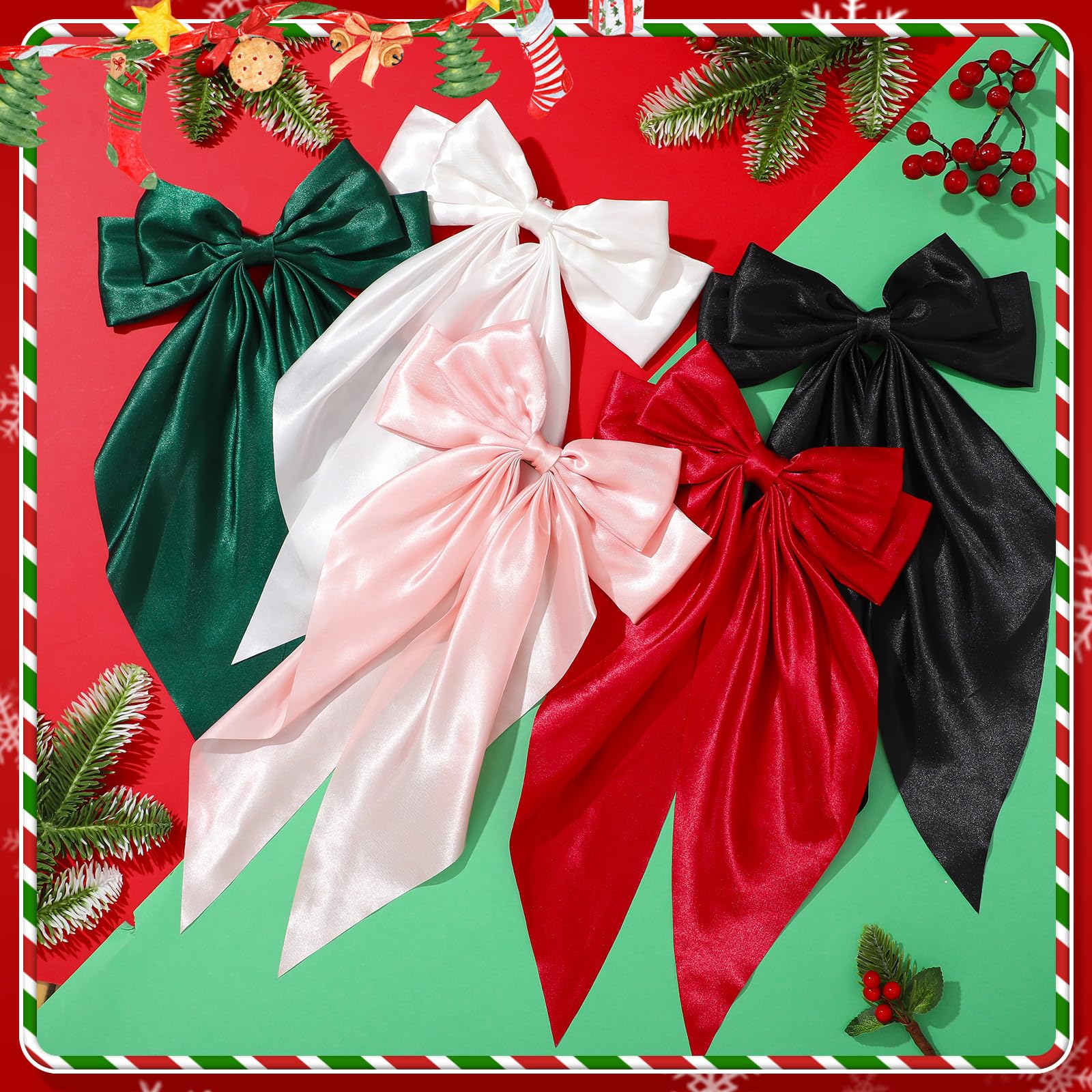 5 Pcs Satin Hair Bows - Christmas Hair Accessories for Women & Girls | Holiday Party & Gifts
