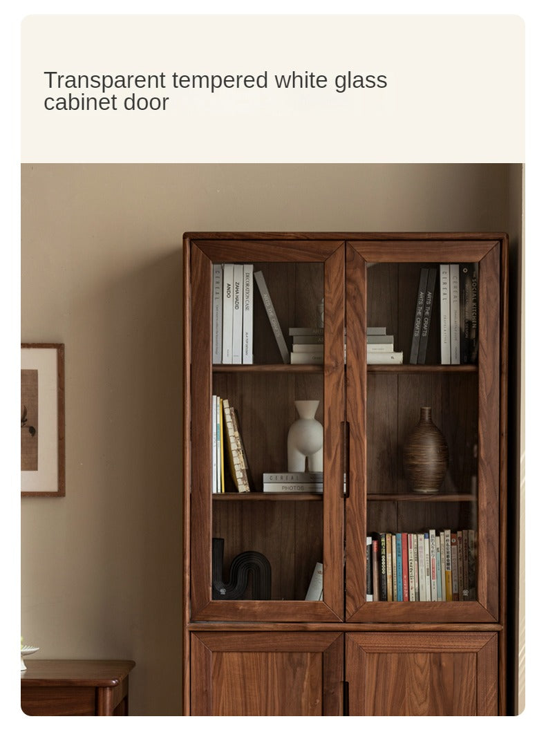 Premium Black Walnut & Ash Solid Wood Bookcase with Dust-Proof Glass Doors - Stylish Home Office & Living Room Storage Solution