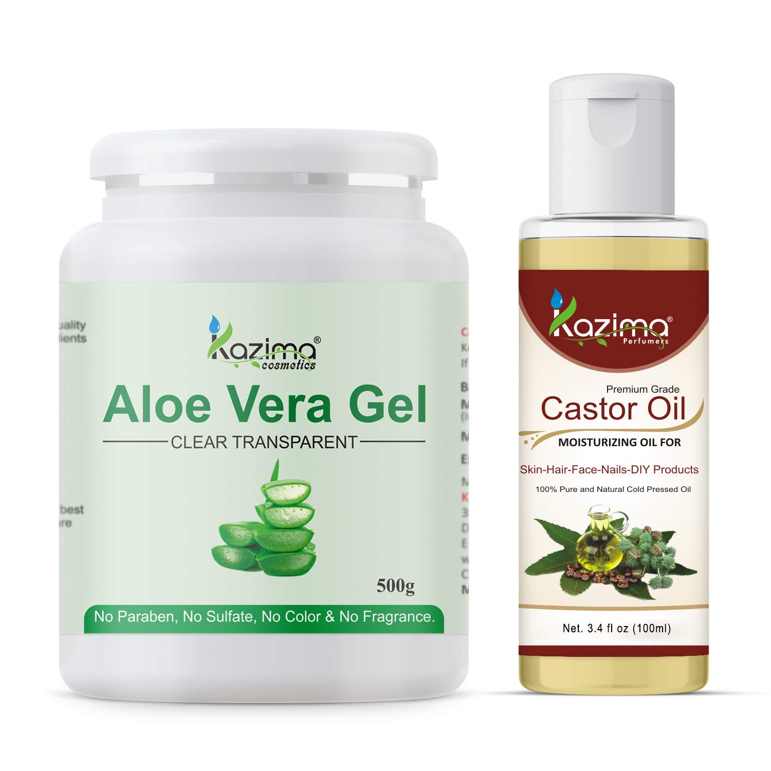 KAZIMA Aloe Vera Gel 500g & Castor Carrier Oil 100ml Combo - 100% Pure Natural Skin Care for Face, Acne Scars, Hair Growth, Moisturizing & Dark Circles Treatment | Perfect for Daily Skincare Routine, Hair Mask & DIY Beauty Recipes