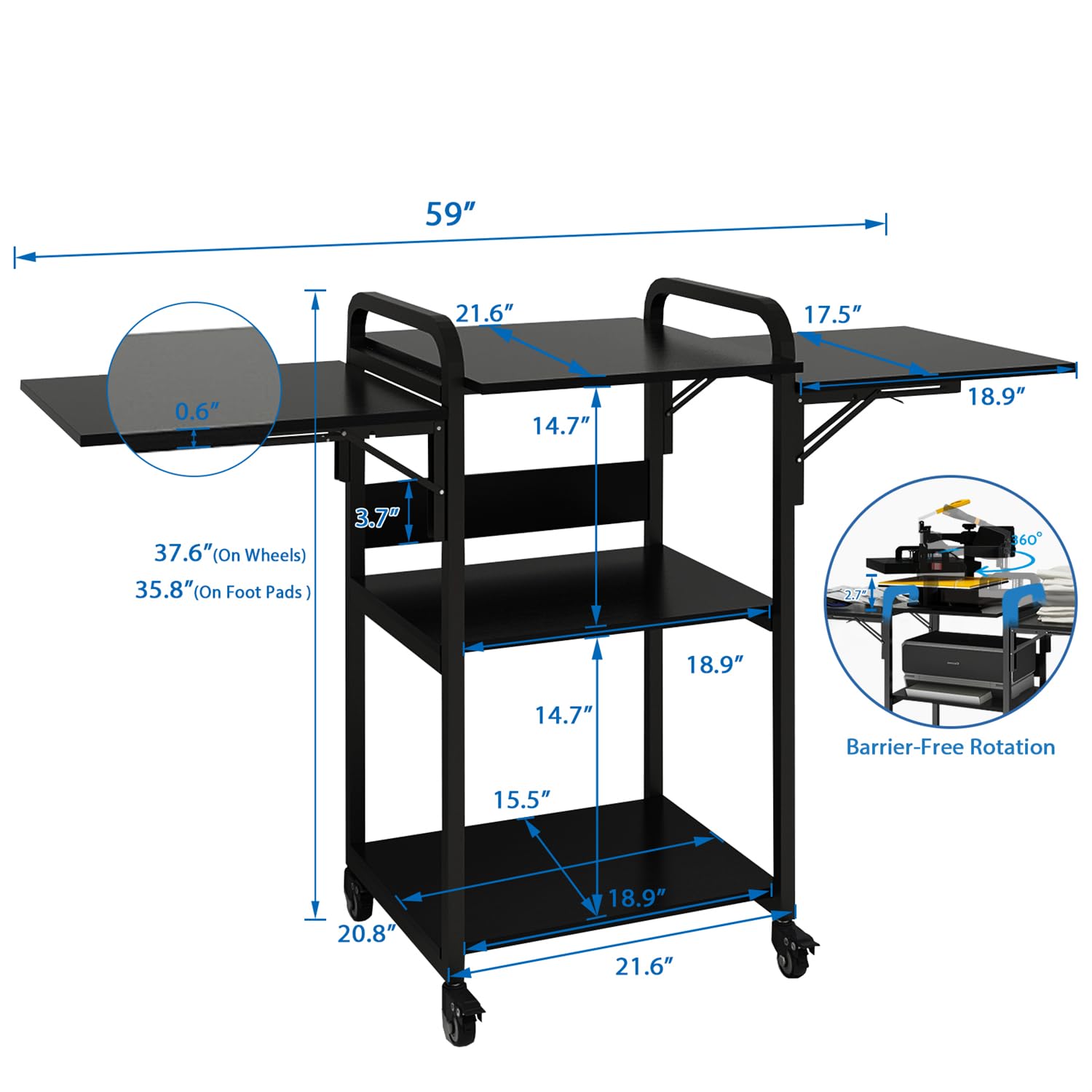 PUNCIA 3-Tier Heavy Duty Foldable Rolling Workbench - 20'' Movable DIY Heat Transfer Press Machine Stand with Metal Shelf Storage | Perfect for Sublimation Transfer, T-Shirt Printing & Craft Organization | Ideal for Home Studios, Small Businesses & DIY Workshops