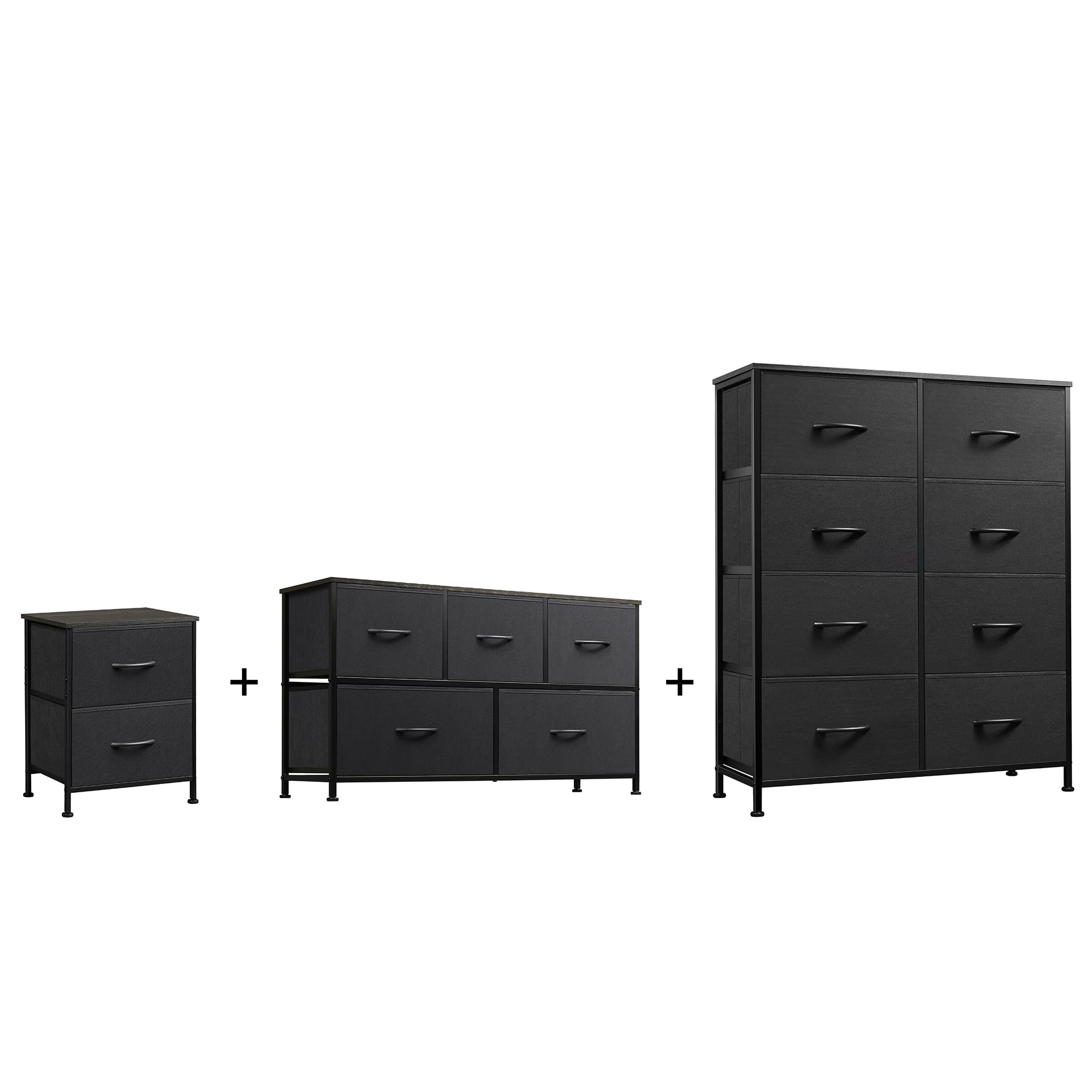 WLIVE 2-Drawer Nightstand & 5/8-Drawer Dresser Set - Fabric Storage Tower Organizer with Textured Bins & Steel Frame - Charcoal Black for Bedroom, Hallway, Closet | Space-Saving Storage Solution for Small Apartments & Dorm Rooms
