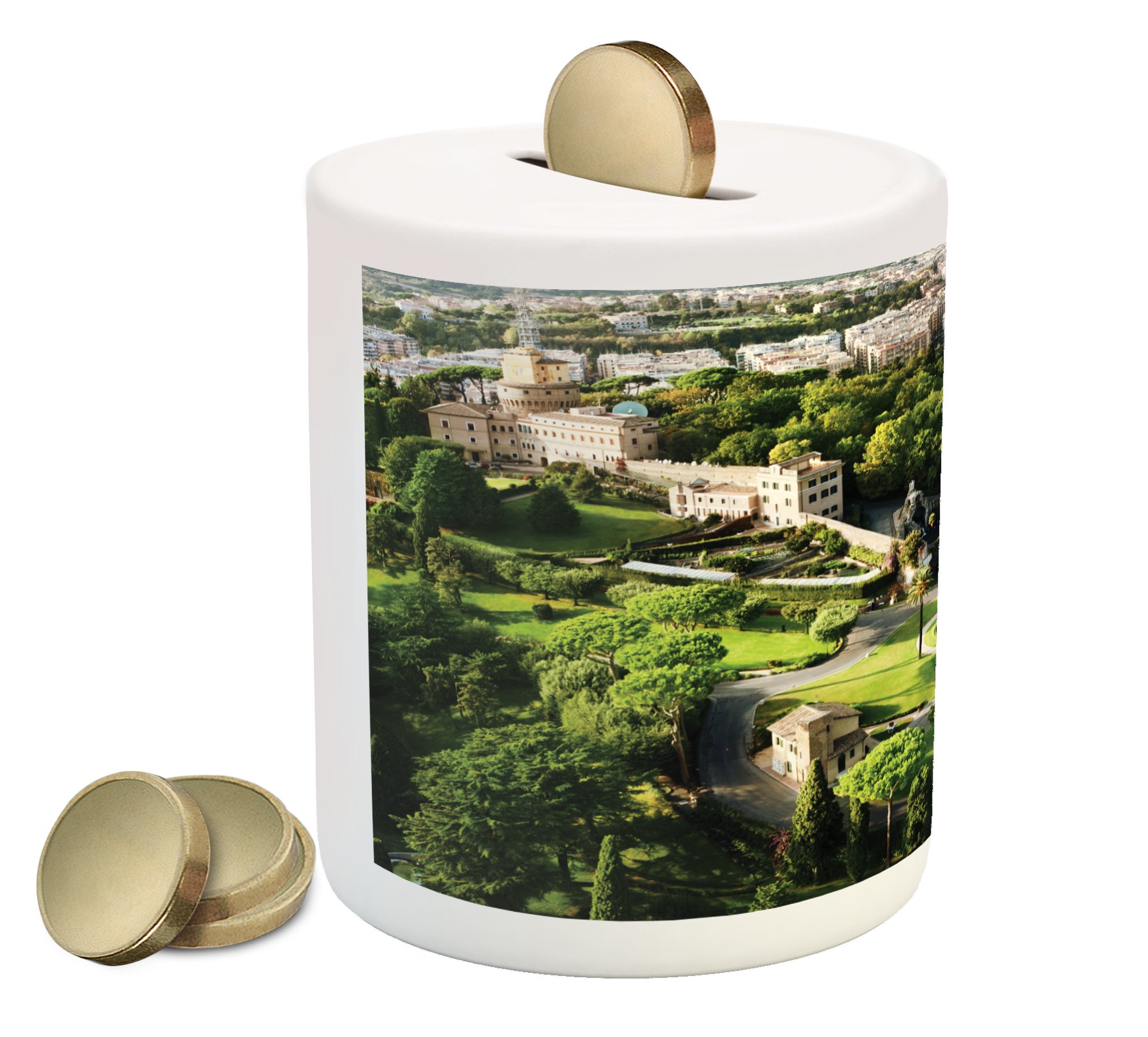 Ambesonne Italian Piggy Bank - Vatican Gardens European Historic Landmark Ceramic Coin Bank with Famous Monument Print | Money Saving Box for Cash & Coins | Perfect Gift for Collectors, Home Decor & Kids Savings