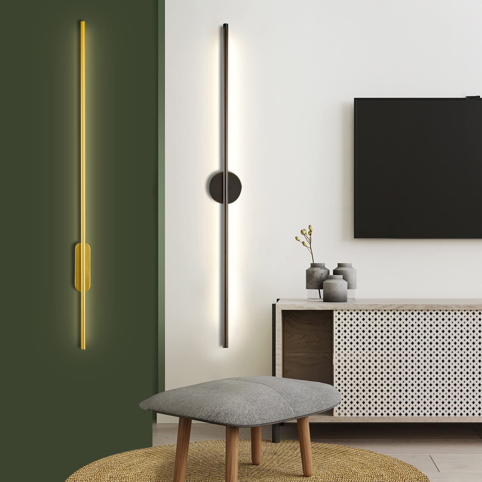 Modern Nordic Minimalist Linear Wall Lamp - 60CM Black LED Wall Sconce with Round Base & 3 Color Dimmable Lighting | Perfect for Bedroom, Hotel, Corridor & Background Decoration