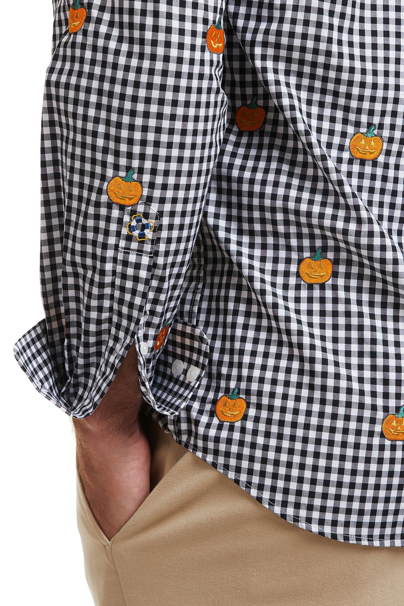 Straight Wharf Men's Shirt - Black Wide Gingham Pattern with Jack O'Lantern Print - Casual Button Down Shirt for Fall, Halloween Parties & Outdoor Activities