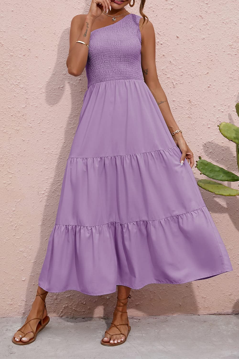 BTFBM Women's One Shoulder Floral Maxi Dress - Summer 2025 Casual Sleeveless High Waist Flowy Smocked Boho Beach Dress for Vacations & Outdoor Parties