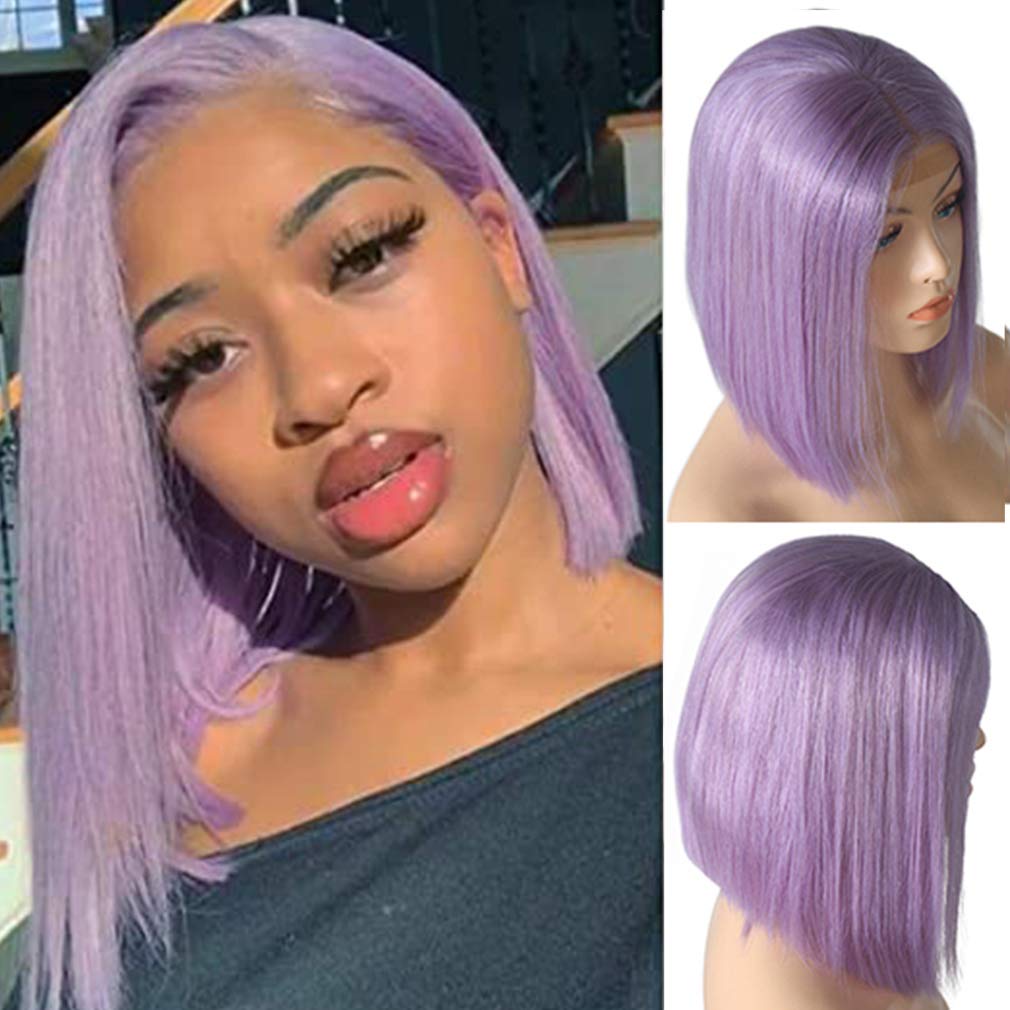 Brazilian Virgin Human Hair Lace Front Wig - 12 Inch Lilac Straight Bob with 180% Density, 13x4 Lace Frontal, Pre-Plucked & Bleached Knots | Short Bob Cut for Women | Perfect for Cosplay, Daily Wear & Special Occasions