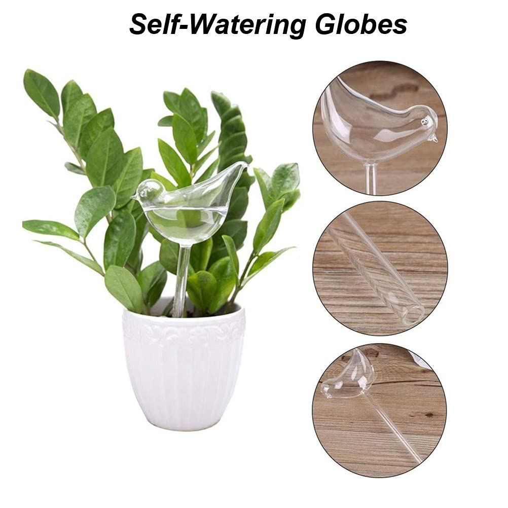 Self-Watering Glass Globes - 4 Pack Automatic Plant Watering Bulbs for Indoor & Outdoor Plants | Clear Glass Bird-Shaped Watering Stakes | Perfect for Vacation Plant Care, Hanging Baskets & Herb Gardens