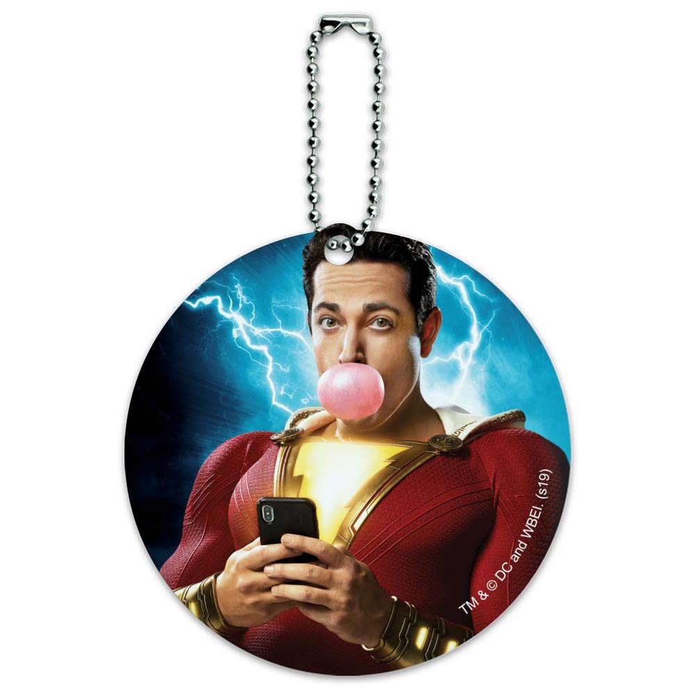 Shazam! Movie Themed Bubblegum Round Luggage ID Tag - Durable Suitcase Handle Tag for Carry-On Bags - Perfect for Travel, Cosplay & Superhero Fans
