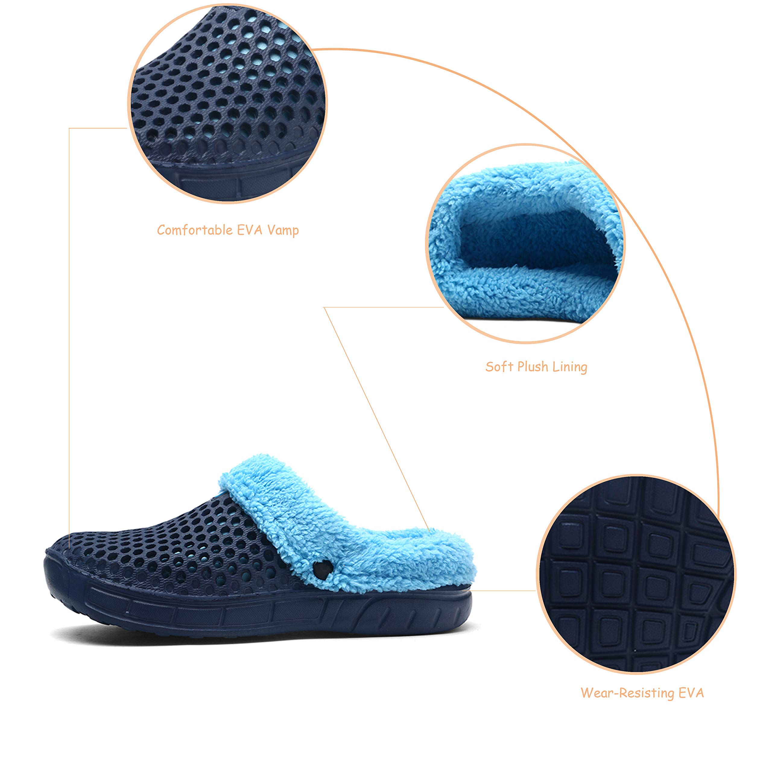 QISHENG Men's & Women's Fur-Lined Mules Clogs - Slip-On Garden Shoes, Warm Winter Slippers with Soft Fleece Lining - Comfortable Slides for Indoor/Outdoor Use - Perfect for Home, Yard, and Relaxation (Blue)