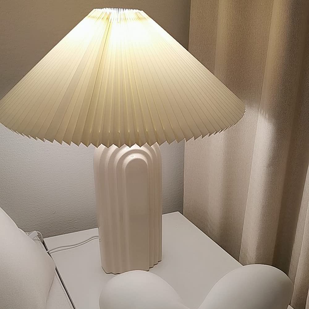 Modern Ceramic Table Lamp with TC Fabric Lampshade - Retro Style Bedside Lamp for Living Room, Bedroom & Study - White (Perfect for Reading, Decor & Ambient Lighting)