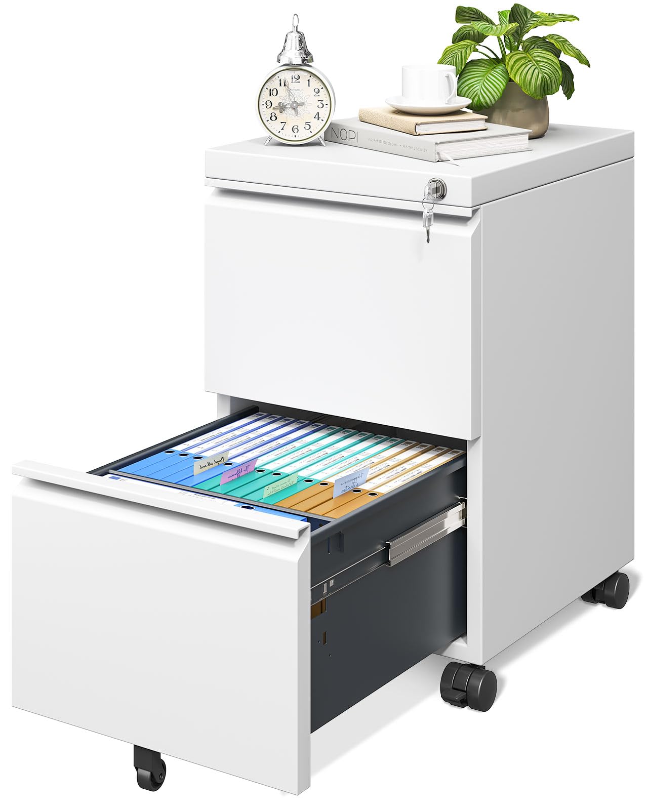 AODK 2-Drawer Rolling File Cabinet with Lock - Fully Assembled Mobile Storage for A4, Legal & Letter Files - White - Perfect for Home Office, Small Business & Workspace Organization