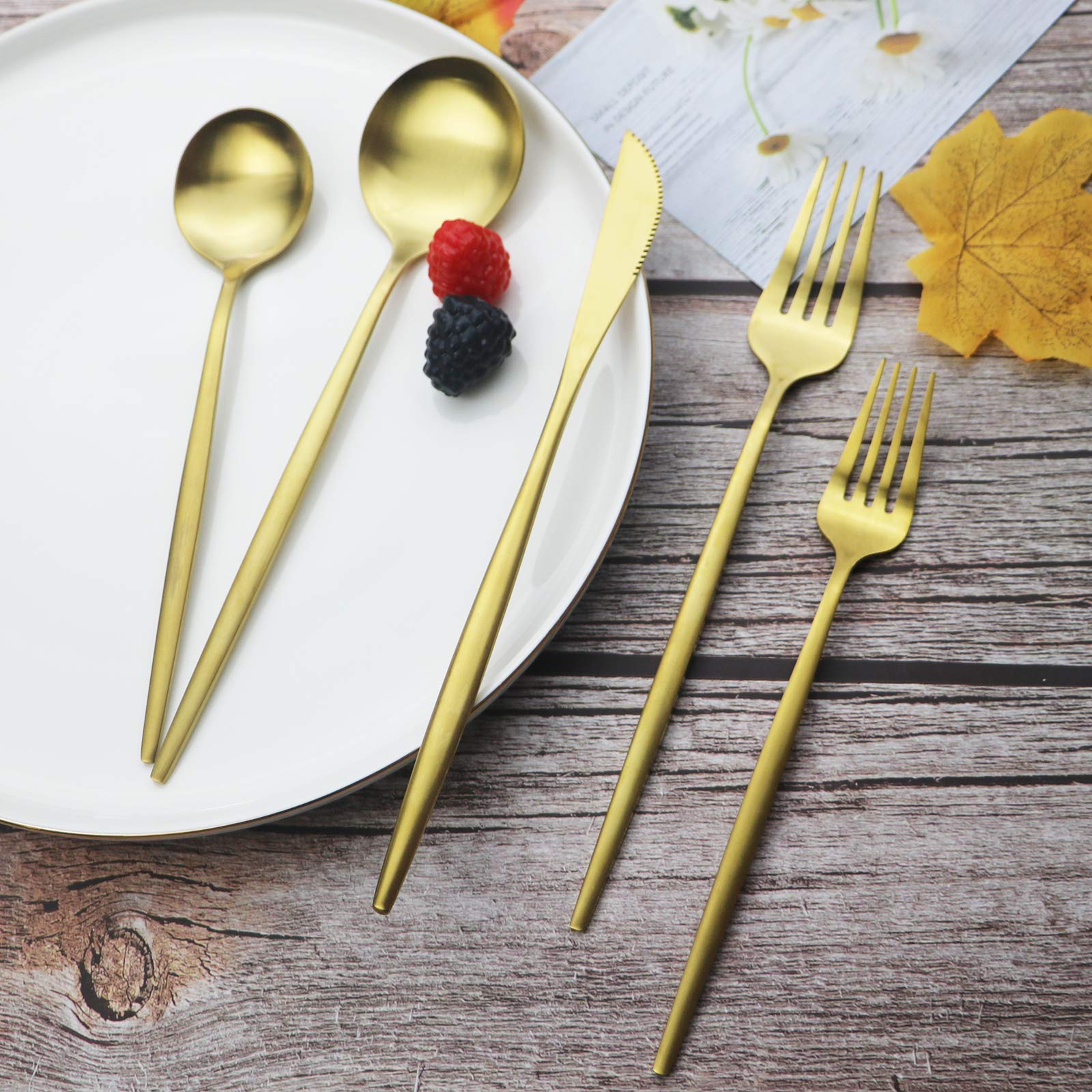 Premium 40-Piece JASHII Gold Silverware Set - 304 Stainless Steel Flatware Cutlery Set for 8 (Forks, Knives, Spoons) - Matte Finish & Satin Tableware - Dishwasher Safe for Home, Restaurant & Dinner Parties - Elegant Dining Set for Weddings, Holidays & Fine Dining Experiences